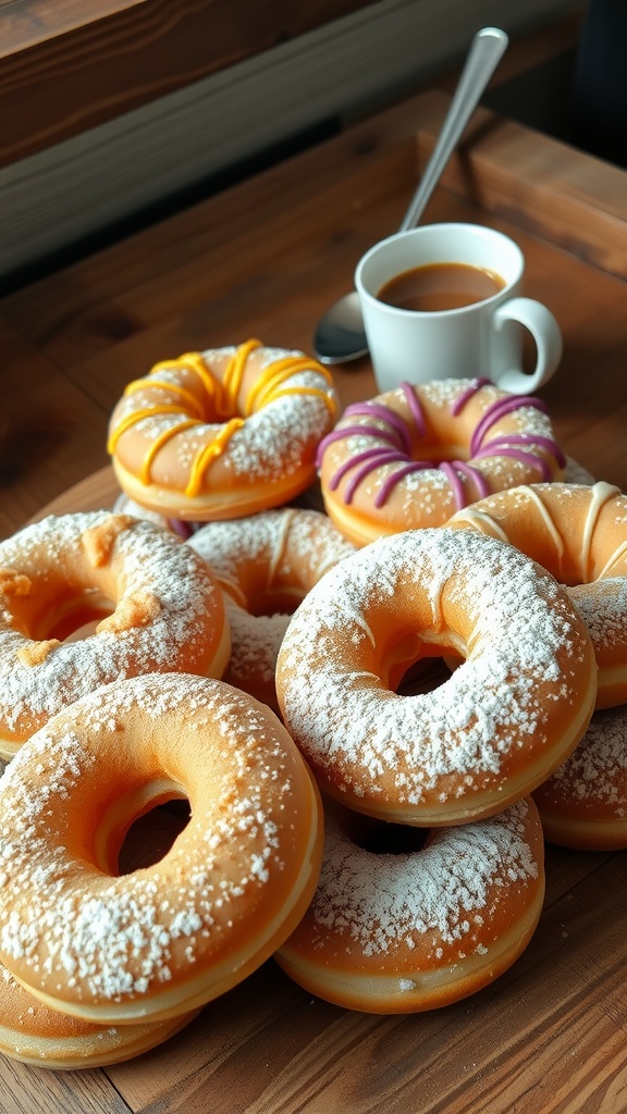 Divine Doughnuts: A Recipe for The Perfect Sweet Treat A tempting assortment of doughnuts dusted with powdered sugar and decorated with icing on a wooden table next to a cup of coffee.